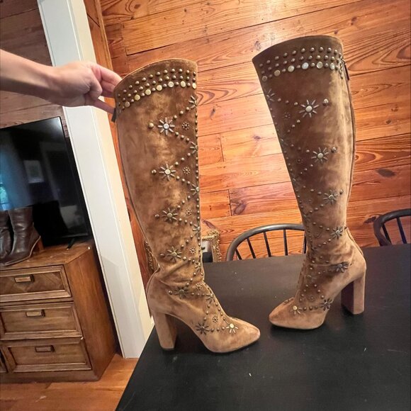 Saint Laurent Studded Brown Suede Knee Boots - Size 8 - Picture 4 of 4
